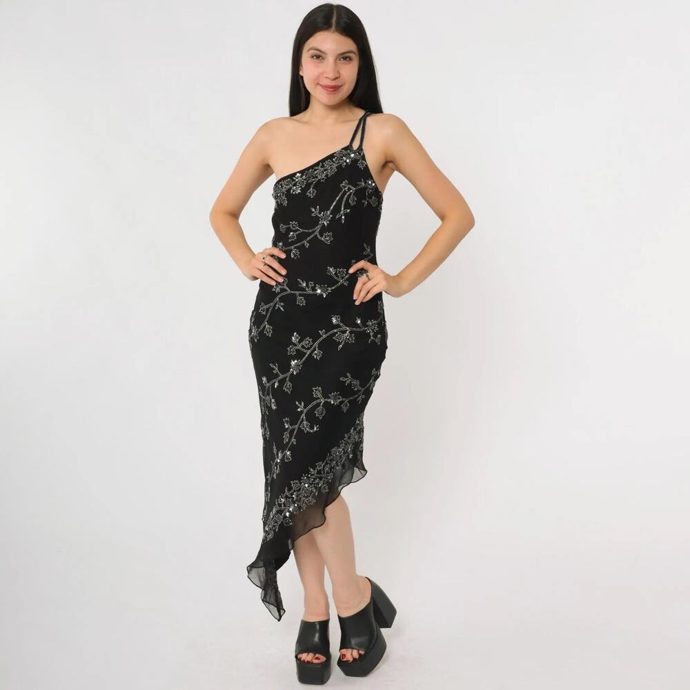 NWOT SCALA Dress M Silk Black Gold-Silver-Floral-Beaded-Embroidery High-Low Midi